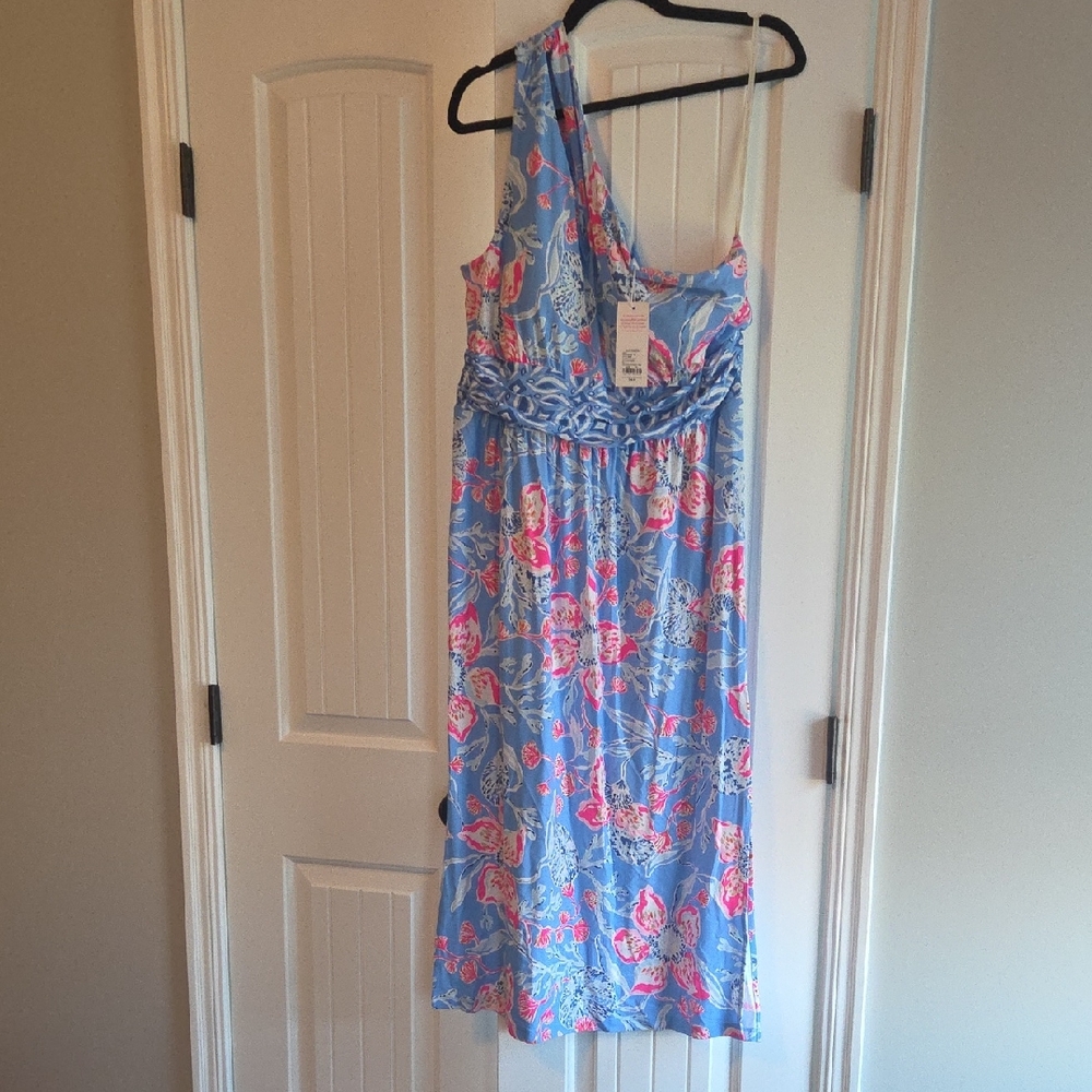 Lilly Pulitzer Blue Floral One-Shoulder Dress with Pink Accents
